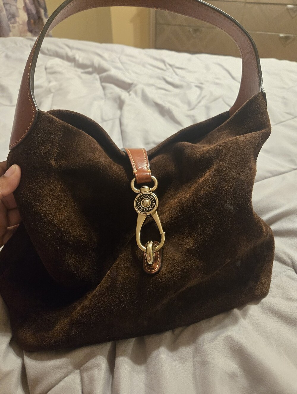 Used Dooney & Bourke Dark Brown Suede Shoulder Hobo with Gold Hardware - Picture 1 of 5